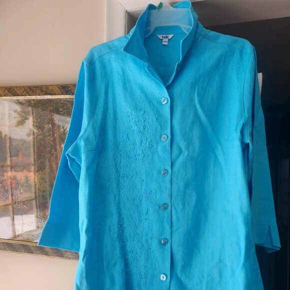 Vintage Tabi Embroidered & Beaded Turquoise - 100 Heavy linen - 28 x 22 w - Picture 1 of 5